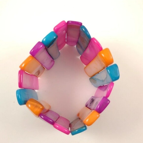 Abalone Shell Colorful Bracelet Stretch Wide Cuff Elastic Rainbow Colorful - Picture 6 of 9